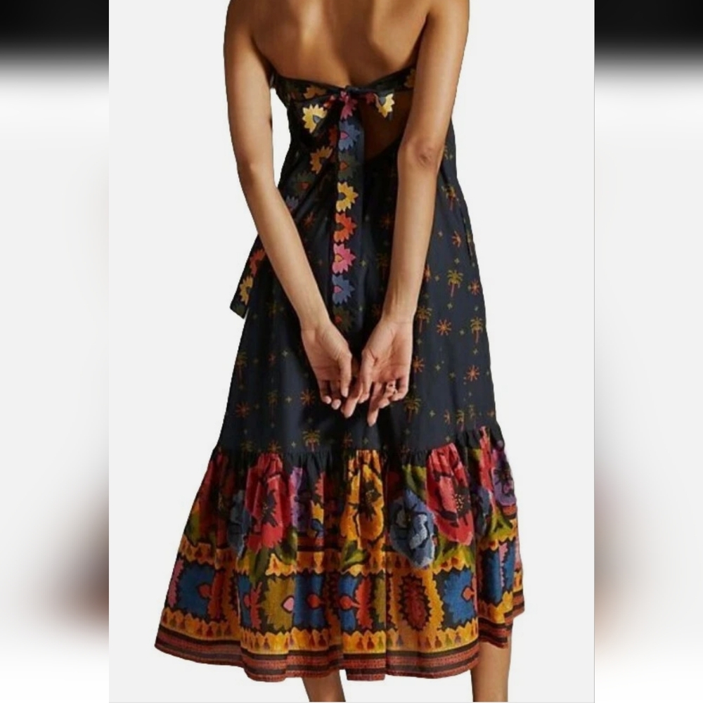 Farm Rio Embroidered Dress Strapless Black Folklore Size XS Anthropologie - Picture 3 of 12
